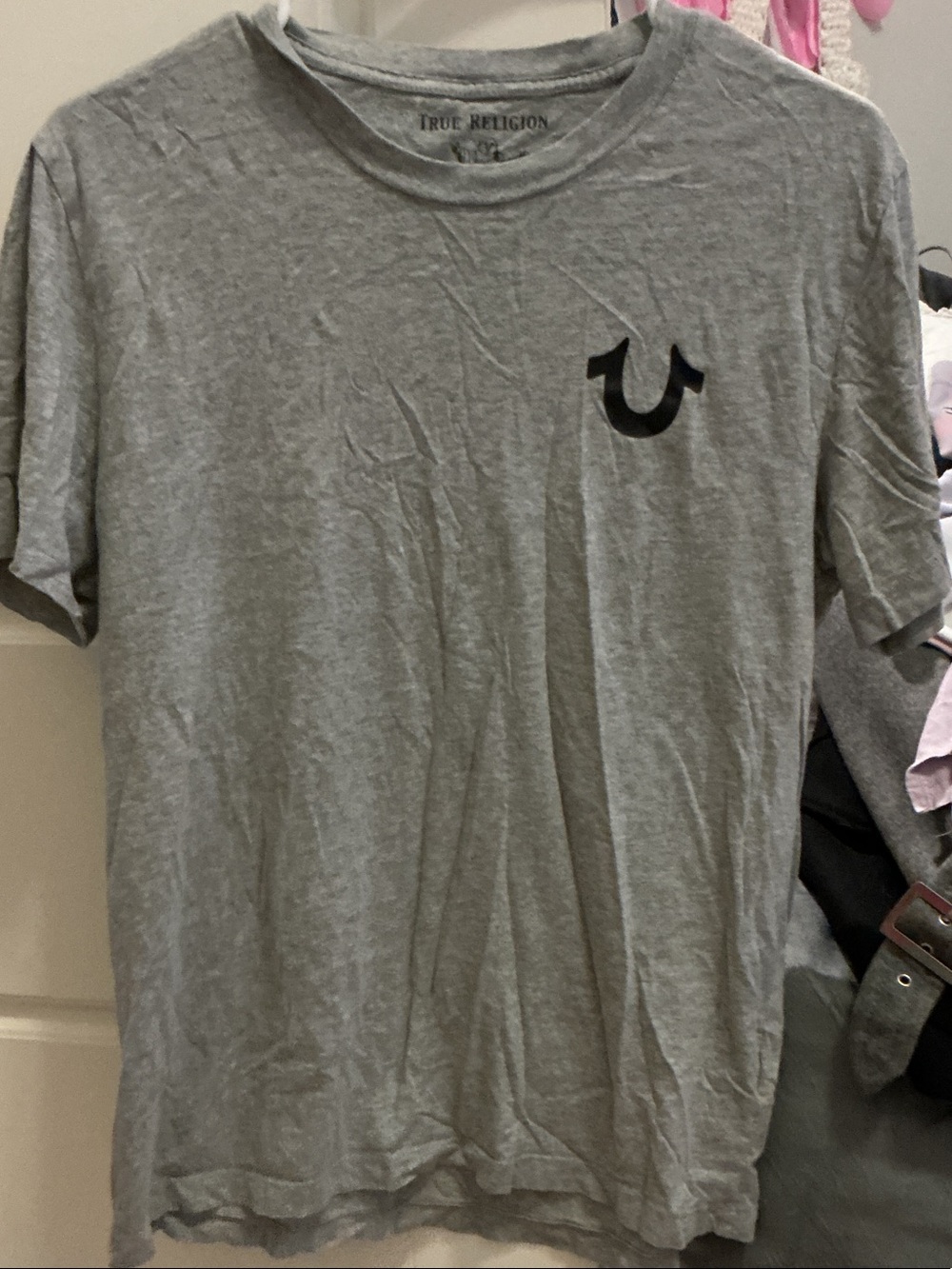 True Religion Light Gray Short Sleeve Crew Tee with Black Horseshoe Logo